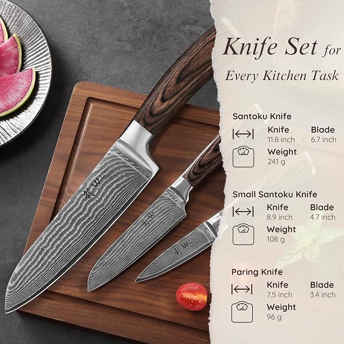 Wakoli EDIB 3-Piece Damascus Kitchen Knife Set in Wooden Gift Box, Razor Sharp - Image 6