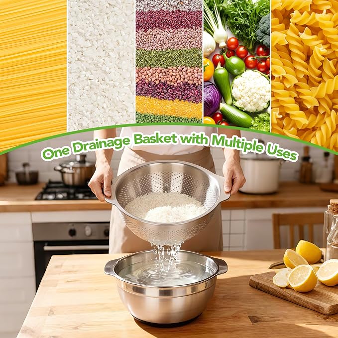 304 Stainless Steel Colander, 5 QT Large Capacity and 5QT Mixing Bowl, 2mm - Image 4