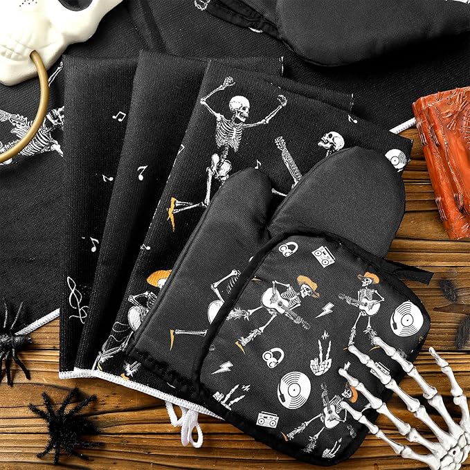 Leinuosen 8 Pcs Skull Kitchen Decor Set Kitchen Towels Gothic Oven Mitts and - Image 7