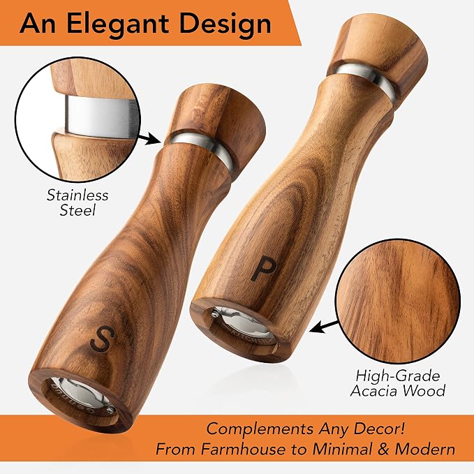 Gennua Kitchen Wooden Salt and Pepper Grinder Set: Refillable Salt & Pepper - Image 3