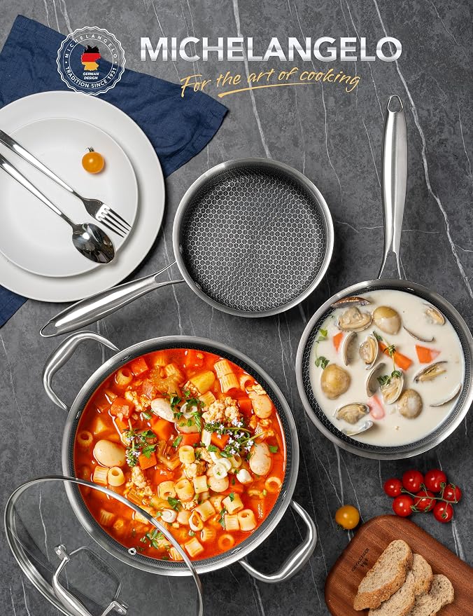 MICHELANGELO 6 Pcs Tri-ply Stainless Steel Pot Set, 2QT & 3QT & 8QT Pot - Image 5