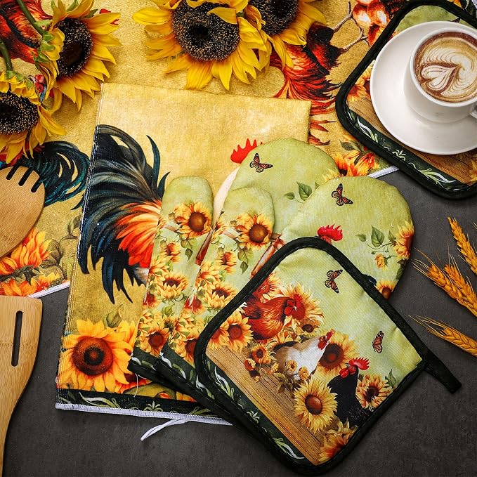 Leinuosen 6 Sunflower Rooster Farmhouse Kitchen Decor Dish Towels Oven Mitts - Image 7