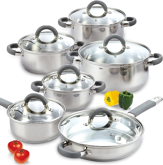 Cook N Home Stainless Steel Cookware Sets, 3-Ply 12 Pcs Pots and Pans Set by CookNHome