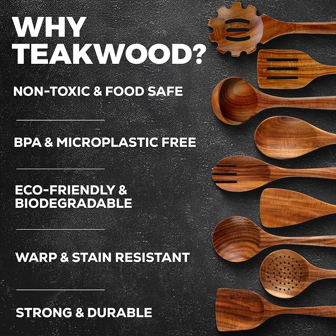 Zulay Kitchen 9-Piece Teak Wood Cooking Utensil Set – Non-Toxic & Non-Stick - Image 4