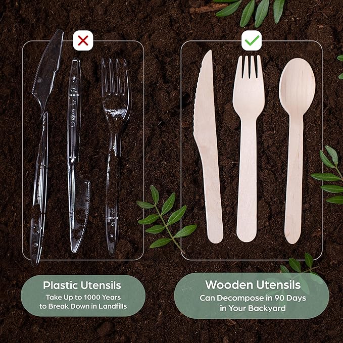 PURPLECLAY Wooden Disposable Utensils Set, 300 Pieces | Wrapped Utensils and - Image 7