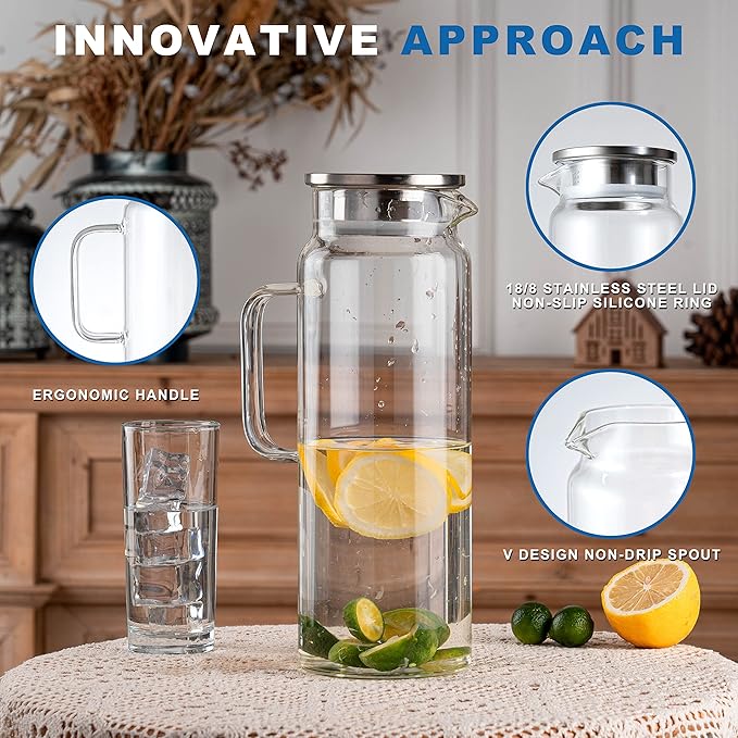 Set of 2 Glass Pitcher with Lid, 2 Quart Leak Proof, Glass Water Jugs, - Image 4