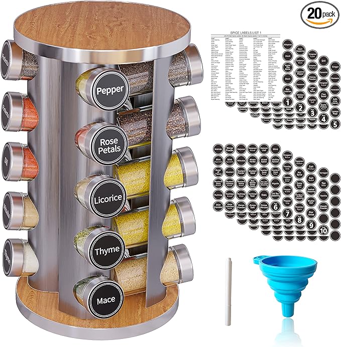 Revolving Spice Rack Set with 20 Spice Jars, Kitchen Spice Tower Organizer by NewEnglandStories