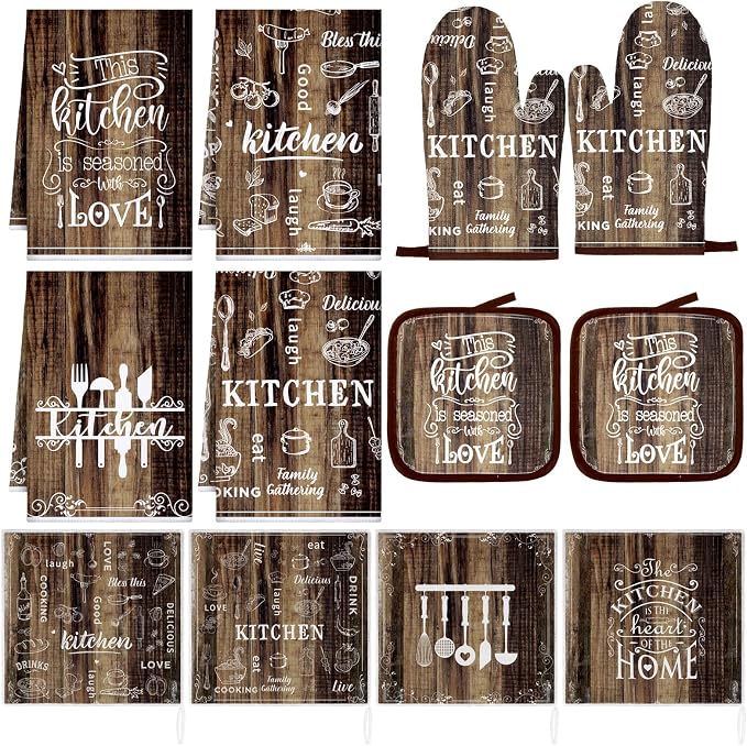 12 Pcs Farmhouse Kitchen Oven Mitts and Pot Holders Decor Sets 4 Wood Kitchen by Bencailor