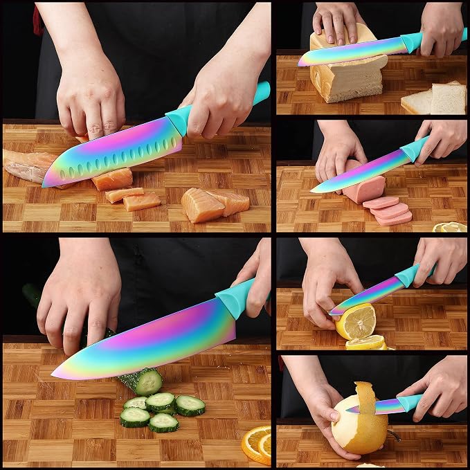 Marco Almond Kitchen Knife Set, KYA37 12-Piece Rainbow Titanium Stainless Steel - Image 6