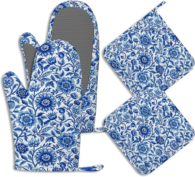 Oven Mitts and Pot Holders Sets Blue White Floral Silicone Kitchen Mits by BIGXIUKA
