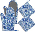 Oven Mitts and Pot Holders Sets Blue White Floral Silicone Kitchen Mits by BIGXIUKA
