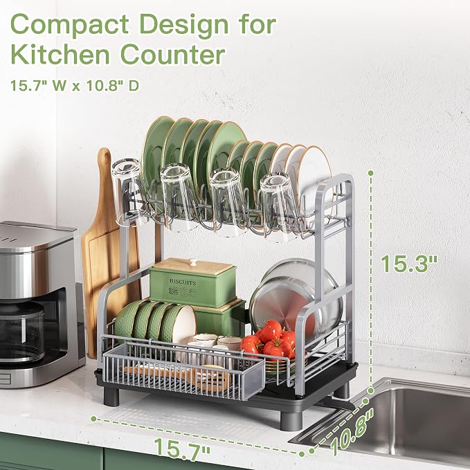 romision 2 Tier Compact Stainless Steel Dish Drainers Drying Rack - Image 7