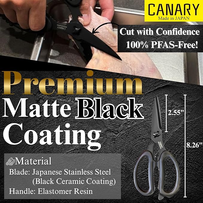 CANARY Japanese Kitchen Scissors All Purpose Heavy Duty 8.2" Matte Black - Image 3