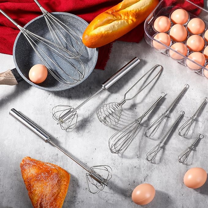 Teenyyou 10 Pcs Stainless Steel Whisks Set Egg Beater Semi Auto Whisk Blender - Image 4
