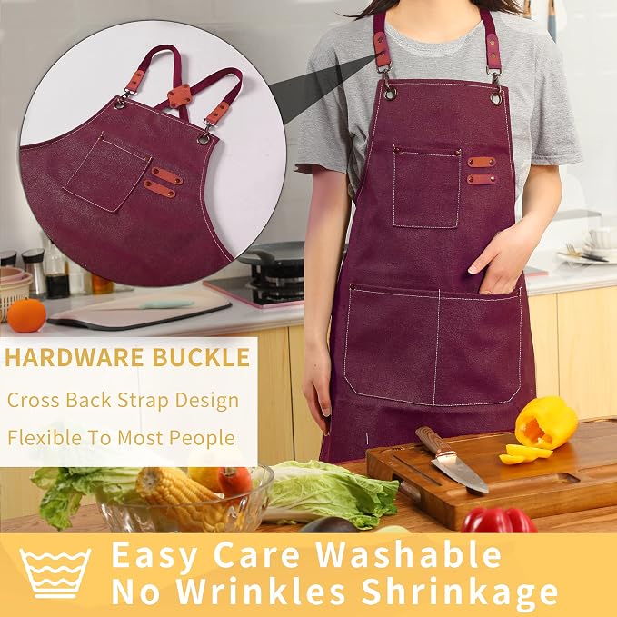 Tosewever Canvas Cross Back Chef Cotton Aprons - Image 5