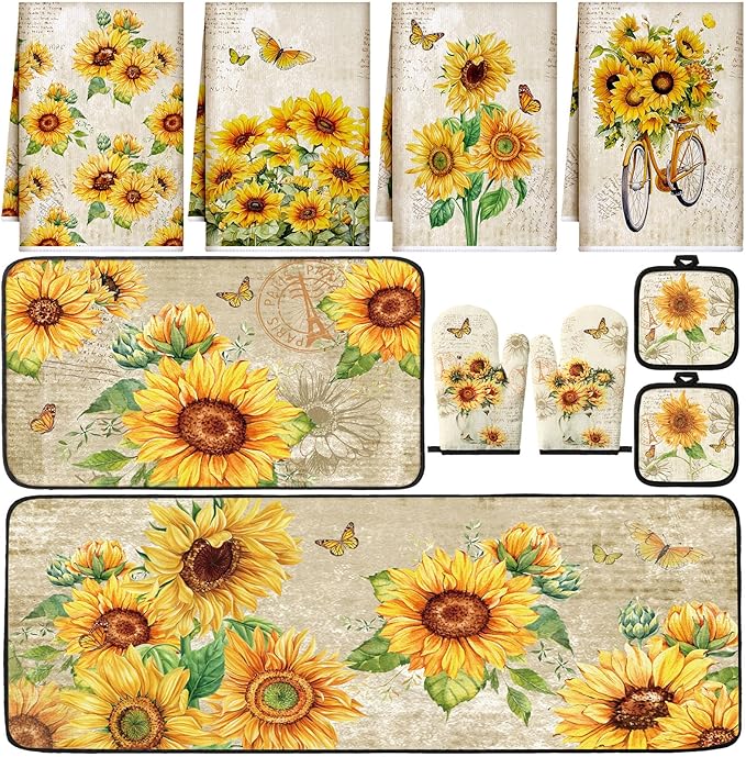 Fourluoo 10 Pcs Sunflower Kitchen Dish Towels Rugs Oven Mitts and Pot Holders by Fourluoo