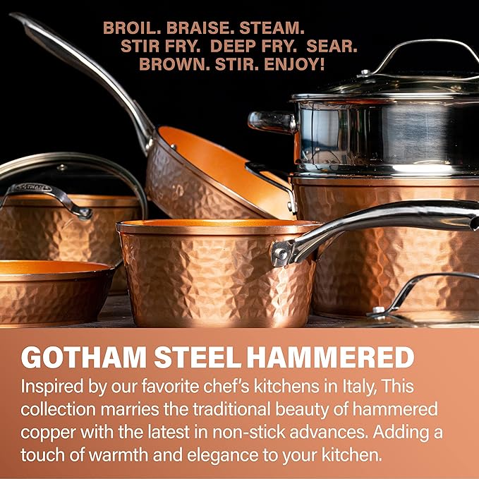 Gotham Steel Hammered Frying Pan Set, 3 Piece Nonstick Copper Fry Pans - Image 2