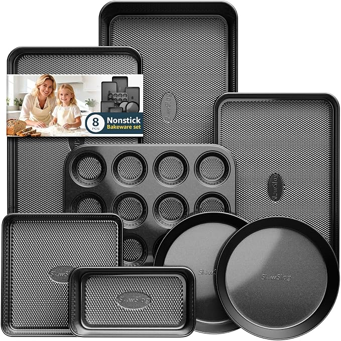 Nonstick Baking Pans Set, 8-Piece Stackable Bakeware Sets, Non-Toxic Oven Pan by SlowSLog