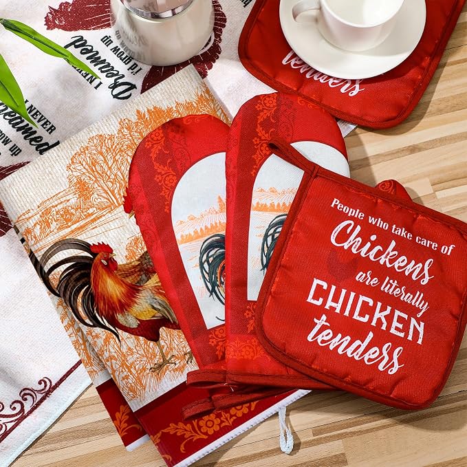 Leinuosen 6 Christmas Red Rooster Farmhouse Kitchen Decor Dish Towels Oven - Image 4