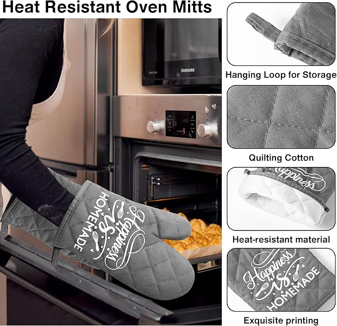 GROBRO7 6Pcs Cotton Oven Mitts and Pot Holders Set Happiness is Homemade Heat - Image 3