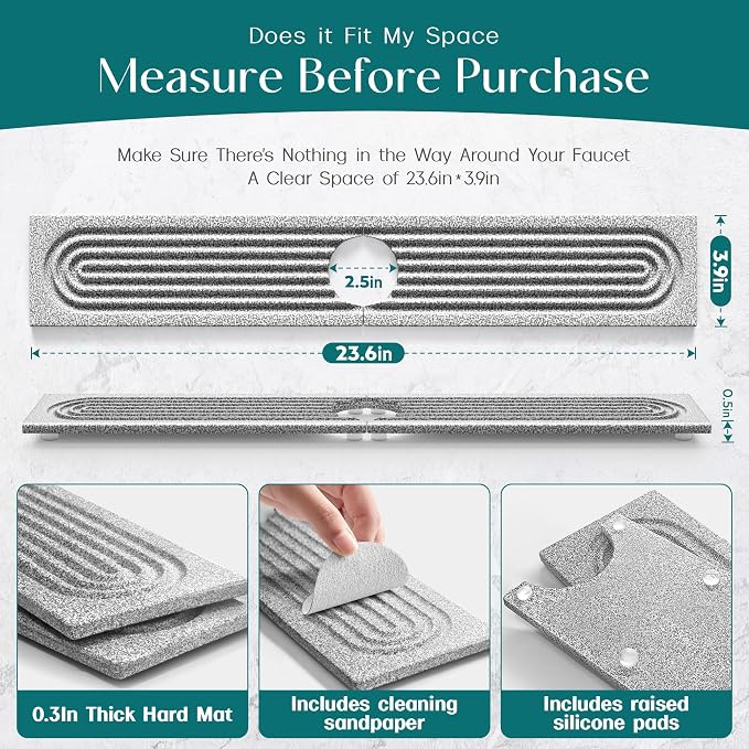 Stone Kitchen Sink Faucet Mat, Premium Upgraded Diatomite Drying Stone Mat & - Image 6