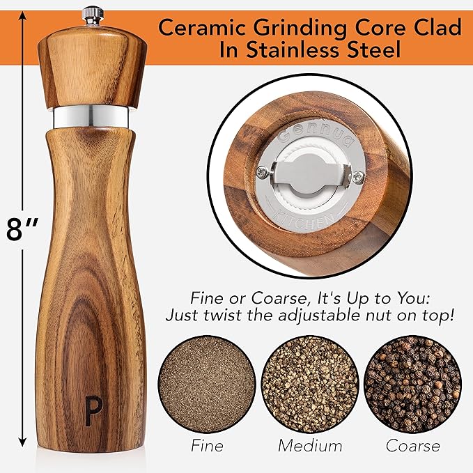 Gennua Kitchen Wooden Salt and Pepper Grinder Set: Refillable Salt & Pepper - Image 5