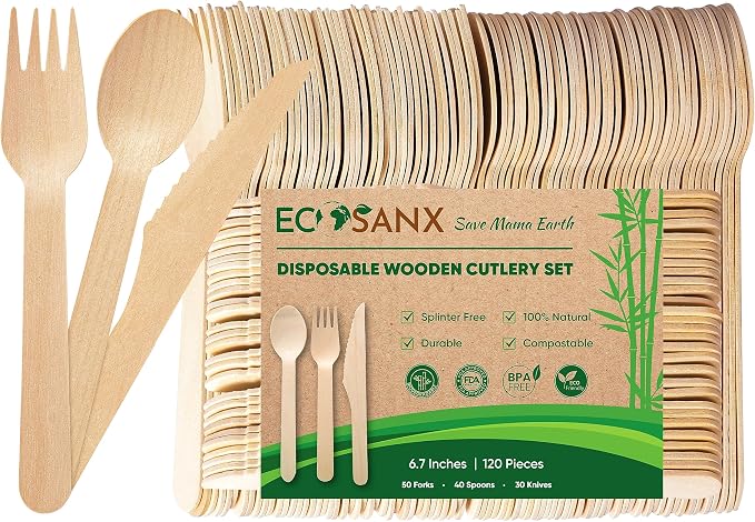 ECOSANX® 120 PCs Disposable Wooden Cutlery set 6.5" Splinter Free Compostable by ECOSANX
