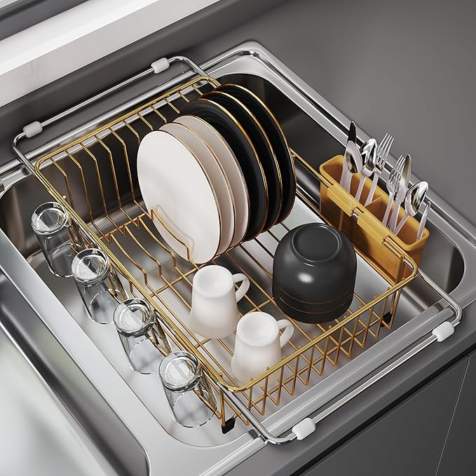 JASIWAY Gold in Sink Dish Drying Rack, Expandable Stainless Steel Small Dish by JASIWAY