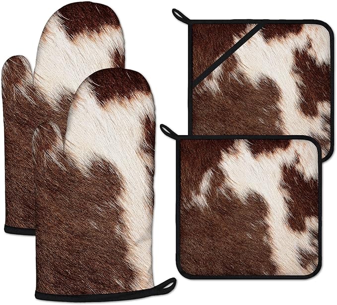 Brown Cow Print Oven Mitts and Pot Holders Sets Heat Resistant 4Pcs Potholders by ANTJOO