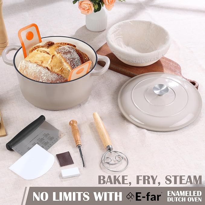 E-far Enameled Dutch Oven Pot for Bread Baking, 6QT Enameled Cast Iron Cookware - Image 7