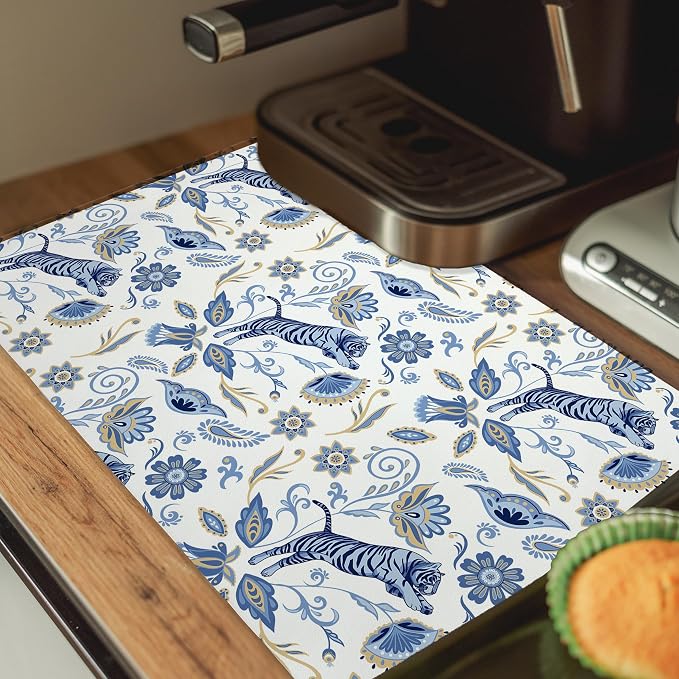 Blue and White Floral Tiger Dish Drying Mat, Chinoiserie Tiger Coffee Bar Mat - Image 5