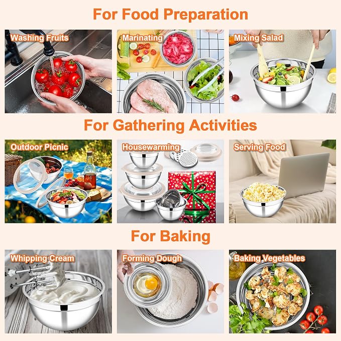 E-far Mixing Bowls Set of 5, Stainless Steel Salad Mixing Bowl - Image 6