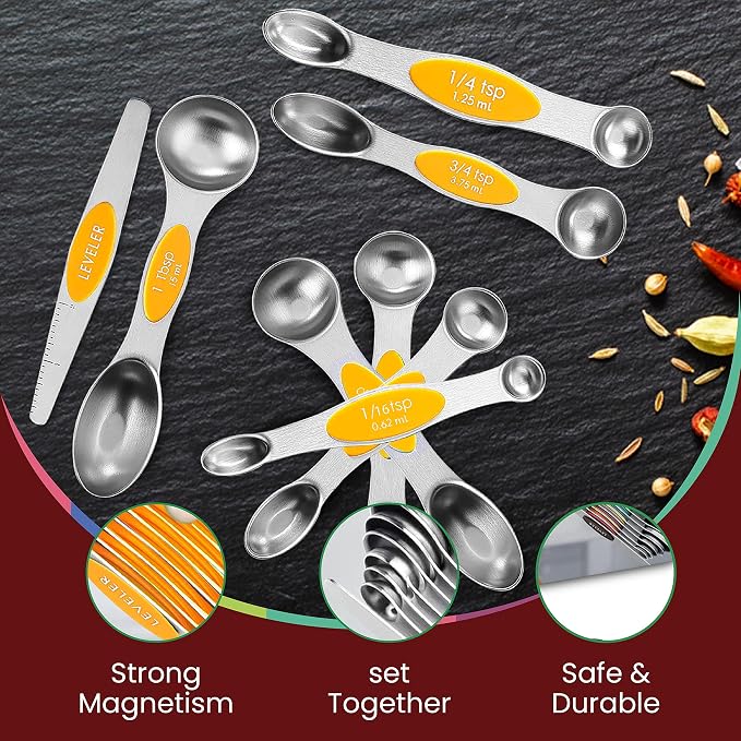 Magnetic Measuring Spoons Set of 9 Stainless Steel Dual-Sided Stackable - Image 6
