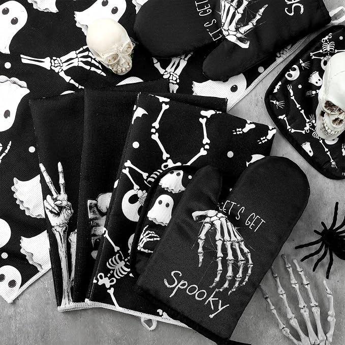 Leinuosen 8 Pcs Skull Kitchen Decor Set Kitchen Towels Gothic Oven Mitts and - Image 7