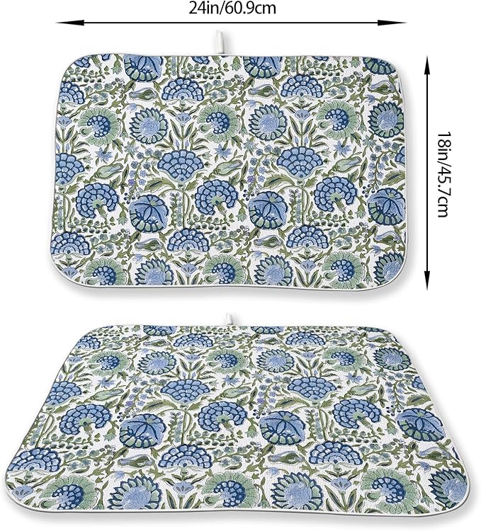 Boho Navy Blue Sage Green Dish Drying Mat 18x24 Inch Vintage Floral Drying Mat - Image 2