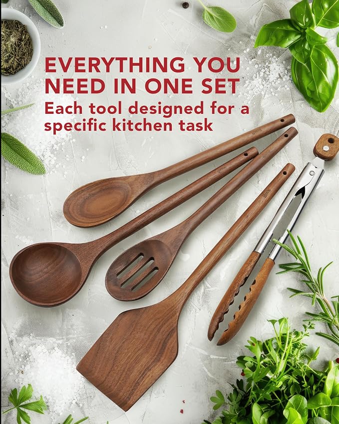 Elegant 5-Piece Walnut Wood Kitchen Utensil Set – Non-Scratch, Heat-Resistant - Image 6