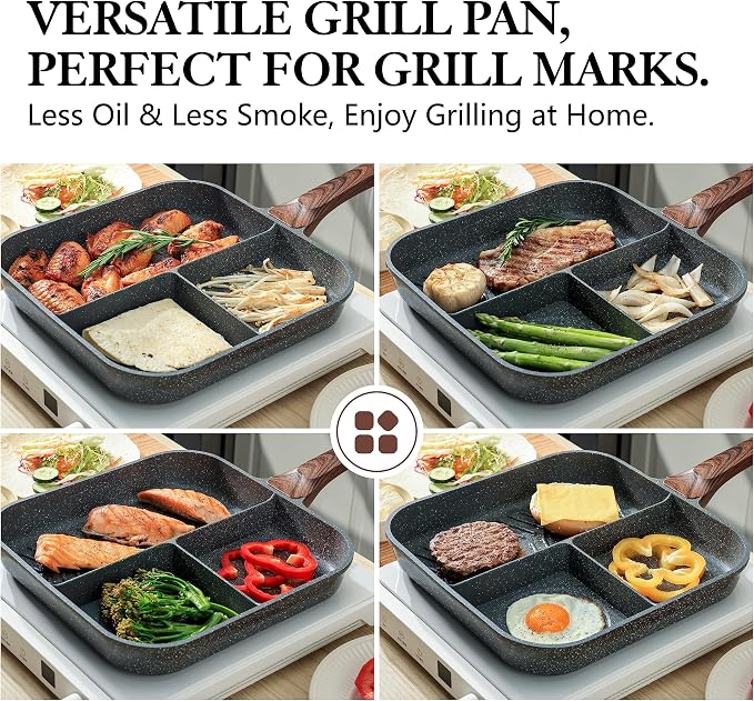 Sensarte Nonstick 11-Inch Square Grill Pan, 3-Section Versatile Breakfast - Image 5