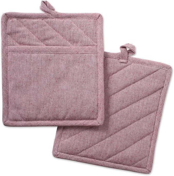 DII 100% Cotton Solid Chambray Kitchen Set, Potholders, Barn Red, 2 Piece by DII