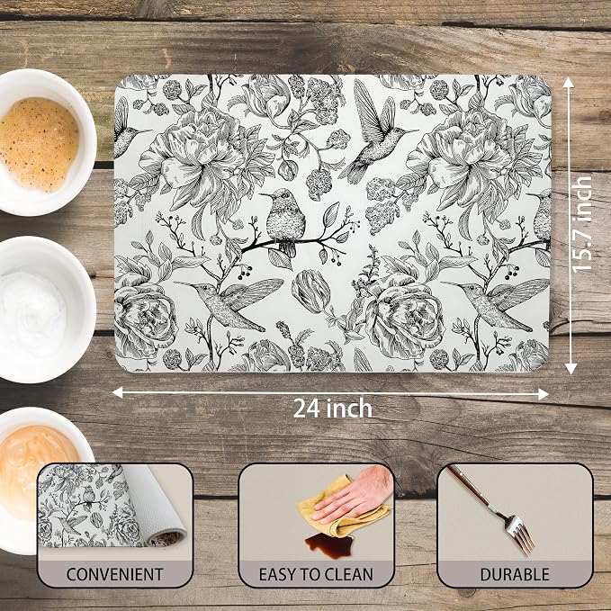 Black and White Floral Hummingbird Dish Drying Mat, Vintage Botanical Coffee - Image 3