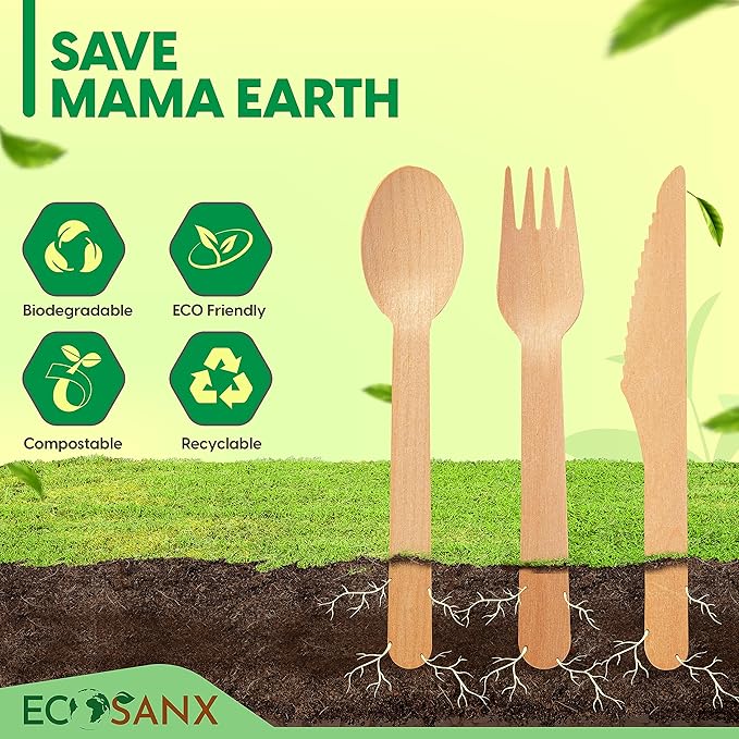ECOSANX® 200 PCs Disposable Wooden Cutlery set 6.5" Splinter Free Compostable - Image 7