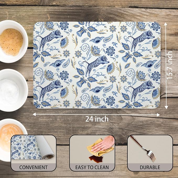 Blue and White Floral Tiger Dish Drying Mat, Chinoiserie Tiger Coffee Bar Mat - Image 3