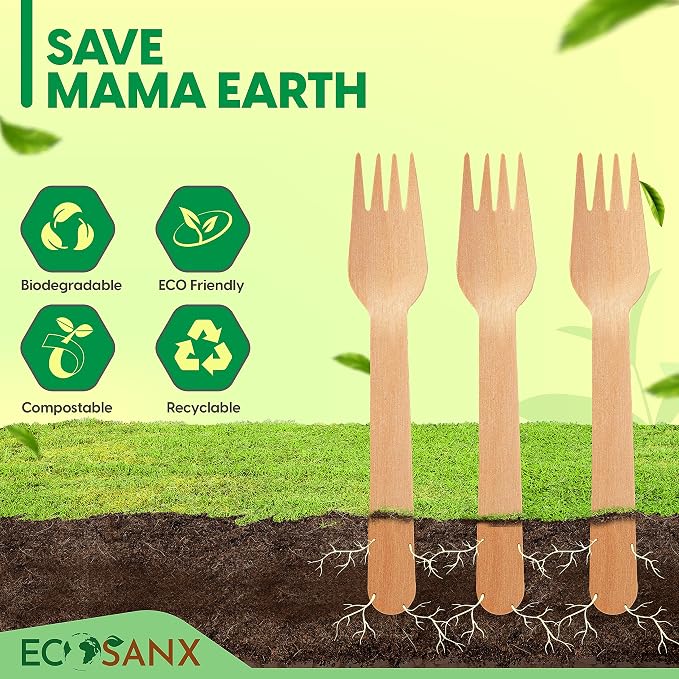 ECOSANX® 300 PCs Wooden forks for eating 6.5" Splinter Free Compostable Forks - Image 7